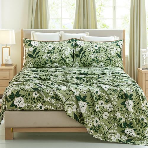 "Cozaline 100% Cotton Sheet Set Queen Size ??? 4-Piece Luxury Forest Green Floral Bedding, Soft Breathable Percale Weave, Deep Pocket Fitted Sheet 17.5"", Crisp Cool Feel, Refined Botanical Elegance"