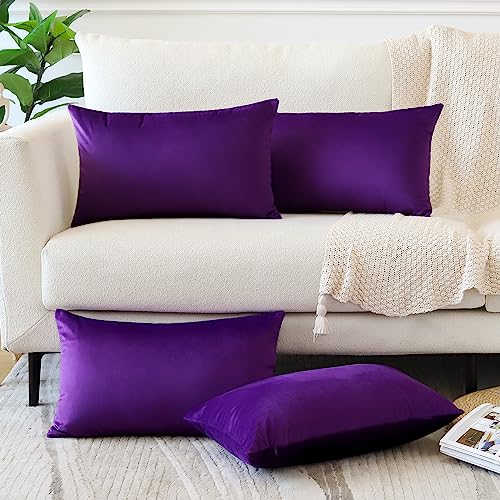 OTOSTAR Set of 4 Decorative Throw Pillow Covers Soft Velvet Solid Lumbar Pillow Cases Luxury Cushion Covers Case for Sofa Car Patio Bedroom Living Room 16x24 Inch, Purple