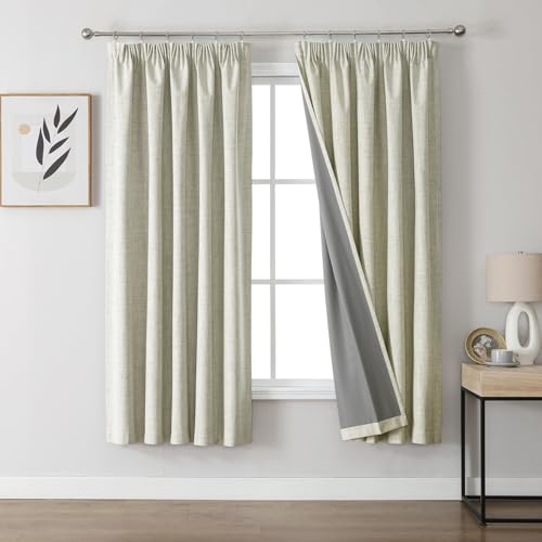 Joydeco 100% Blackout Curtains, Linen Curtains with Ruffle Tape, Set of 2, H 160 x W 132 cm, Light Beige, Thermal Curtain, Cold Protection, Opaque, Sound Protection, Ideal for Living Room, Matches