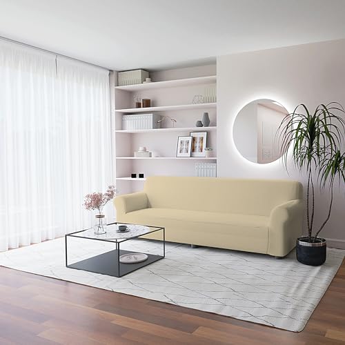 Italian Bed Linen Elastic Sofa Cover ???Piu Bello???, 97% Polyester + 3% Elastane, Cream, 4 Places