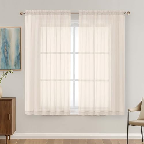 OVZME Cream Sheer Curtains 63 Inches Long 2 Panels Set, Light Filtering Sheer Curtains for Living Room Bedroom 59 Inch Extra Wide, Modern Voile Filmy Rod Pocket Window Drapes, 59Wx63L Inches
