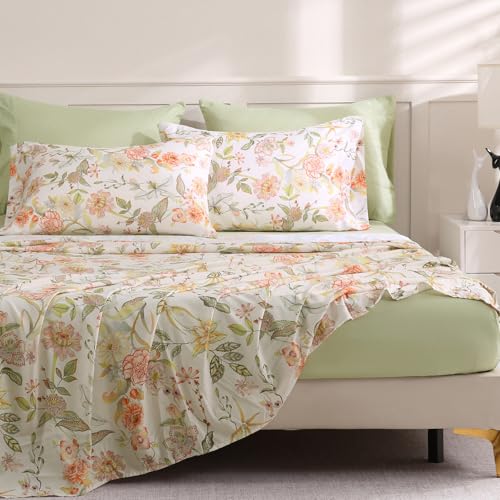 LONAVA Floral Queen Size 6 Pcs Sheet Set, Breathable Microfiber Deep Pocket Glass Green Fitted Sheets, Comfy & Breathable Patterned Flat Sheets,4 Gentle Soft Pillowcases, Fall Floral