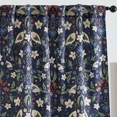 HLC.ME Florence Floral & Birds Patterned Window Back Tab Rod Pocket Print Curtains Bedroom - Light Blocking Darkening Window Panels, Set of 2 (Navy Blue, 52 W x 84 L)