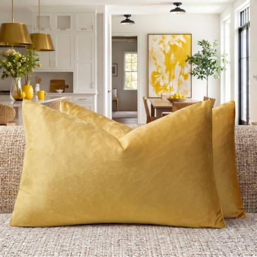 GIGIZAZA Decorative Velvet Cushion Cover for Sofa Bed Set of 2 Yellow - Lumbar Throw Pillows for Couch Sofa,280gsm Soft Textured Fabric,Modern Pillowcases,Luxury Cushion Covers