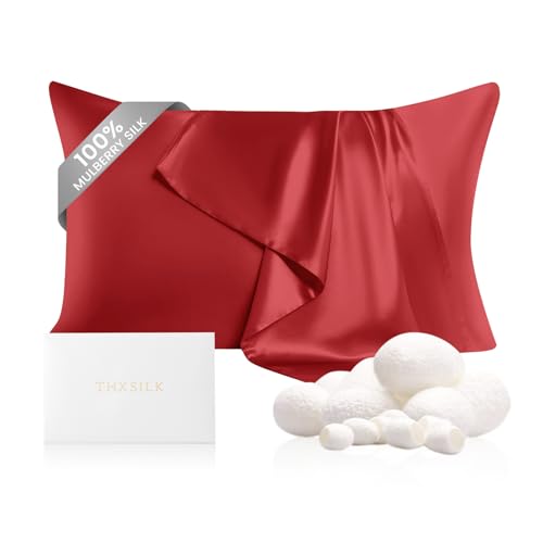 "THXSILK 100% Pure Mulberry Silk Pillowcase for Hair and Skin, Highest 6A+ Grade 22 Momme Silk Pillow Case Standard Size, Silk Pillowcase with Zipper (Red, Standard Size 20""x26"")"