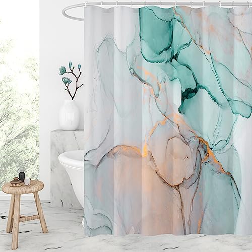 Gibelle Abstract Marble Shower Curtain, Teal Grey Fabric Shower Curtain for Bathroom, Modern Ink Art Decor Waterproof Shower Curtain Set, 71x71