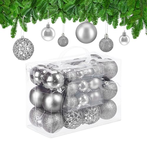 Relaxdays Christmas Bauble Set of 50, Glittery, Matt & Shiny Ornaments, Plastic Xmas Tree Balls, Ø: 3, 4 & 6 cm, Silver