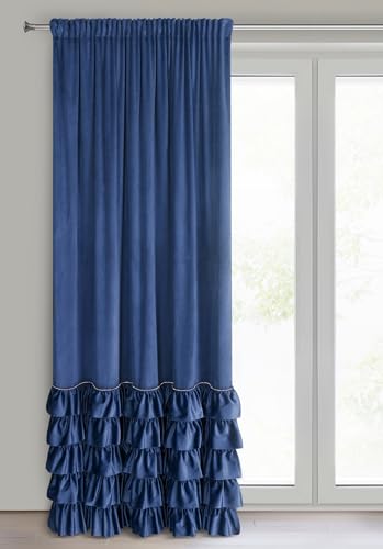 Eurofirany CARLI Velvet Curtain with Ruffle, Velvet Curtain with Ruffle Tape, 1 Piece, Opaque, Blackout, Exclusive Curtain for Living Room, Bedroom, 140 x 250 cm, Dark Blue