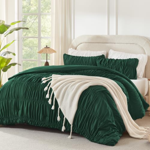 Andency Ruched Dark Emerald Green Oversized Queen Size Comforter Sets, Shabby Chic Pleated Bedding Sets 3 Pieces, Lightweight Soft Boho Ruffle Bed Set for Girls, Kids, Women, All Season