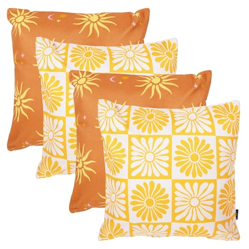 icon Indoor Outdoor Cushions Filled, Summer Collection, Print Mix, Set of 4, 43cm x 43cm, Water Resistant, Yellow Outdoor Cushions for Garden Furniture, Lounge, Garden, Patio