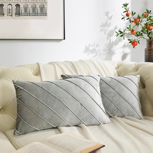 GIGIZAZA Decorative Velvet Pillow Covers 12x20, Set of 2 Silver Grey Sofa Couch Lumbar Throw Pillows Covers Cases, Living Room Square Cushion Accent Stripe Covers