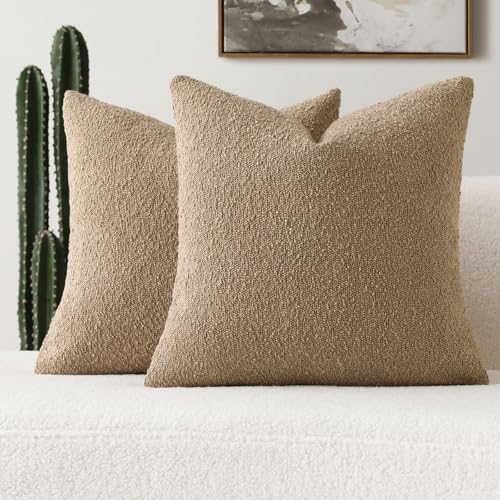 FUTEI Pack of 2 Khaki Boucle Accent Decorative Throw Pillow Covers,16x16 Inch Soft Solid Textured Cushion Case,Home Decor for Couch Bed Living Room