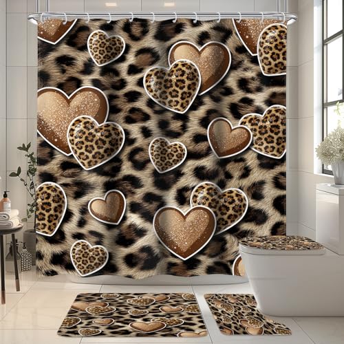 Leopard Print Shower Curtain Set 4Pcs Bathroom Set with Rugs Heart Cheetah - Cheetah Cool Wild Animals Safari Panther Toilet Lid Cover,Non-Slip Rugs and U-Shaped Mat with 12 Hooks for Bathroom Decor