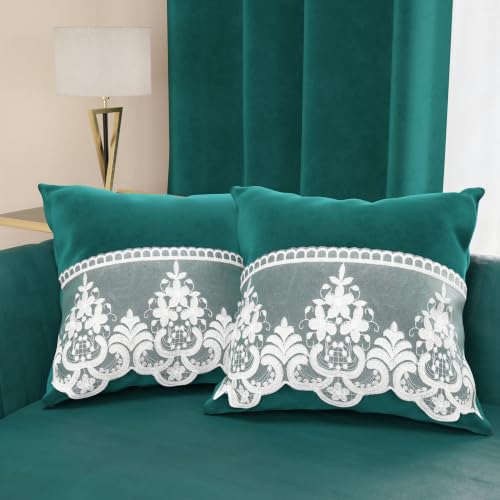 PETTI Artigiani Italiani - 2 Velvet Cushions with Rebrod?? Lace, Filling Included, 80 x 40 cm, Teal