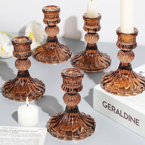 "12PCS Amber Candlestick Holders Set- 4"" H Taper Candle Holders, Glass Candle Holders Bulk for Wedding, Party, Fall Home Table Centerpieces, Festival Gifts & Windowsill Decor"
