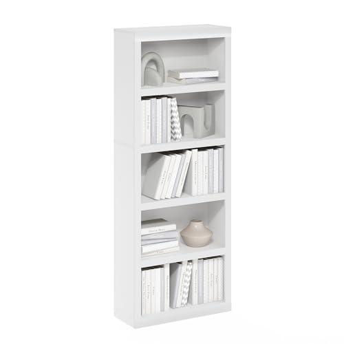 Furinno RAIL Book Shelf, 5-Tier Bookshelf, Bookcase with Open Shelf, 10.1 x 24.6 x 63.5, for Living Room, Bedroom, Home Office, White