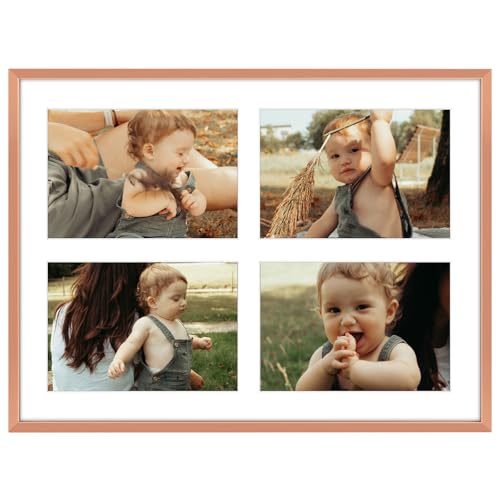 Golden State Art, 5x7 Aluminum Collage Frame, Displays 7x5 Pictures With 4 Openings Mat or One 12x16 Photo, Real Glass, Portrait/Landscape Wall Display, Rose Gold, 1 Pack