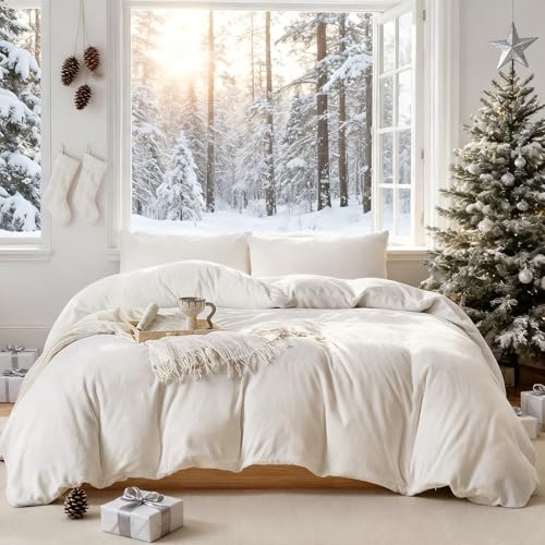 "WARMDERN White Velvet Duvet Cover Set California King Size, Luxury Milk Velvet Bedding Duvet Cover with Zipper Closure, 3pcs Ultra Soft Duvet Covers for All Seasons, 104"" x 98"", White"