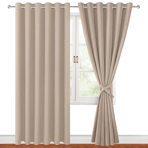 Hiasan Grommet Blackout Curtains for Bedroom, 70 x 84 Inches - Thermal Insulated & Light Blocking Window Drapes for Living Room/Dorm Room, Set of 2 Panels Sewn with Tiebacks, Camel