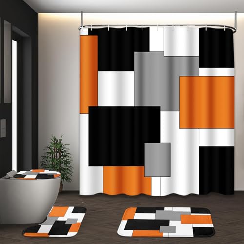 Tayney Orange Geometric Shower Curtain Set with Toilet Lid Cover and Non-Slip Rugs for Bathroom, Black White Grey Checkered 4 Pcs Shower Curtain, Modern Abstract Bathroom Set with 12 Hooks