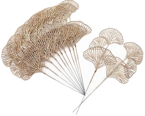 Golden Ginkgo Leaves Stems Christmas Decoration, Artificial Plants Fake Plastic Simulation Apricot Leaf Grass for Wedding Party Indoor Home Office DIY Crafts Flowers Bouquet Xmas Gold Decor - 12 Pack