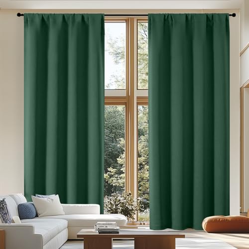 Simplebrand Ava Blackout Curtains for Patio 108 Inches Long 2 Panels Set, Solid Thermal Insulated Room Darkening Rod Pocket Window Treatment Curtains Blackout Drapes, W50 x L108 Inch, Ever Green