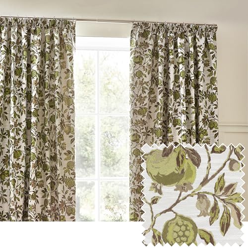 furn. Wylder Tropics Pomegranate Floral Jacquard Pencil Pleat Curtains - 2 Panels - Width x Drop - 168 x 183cm (66 x 72) - Green