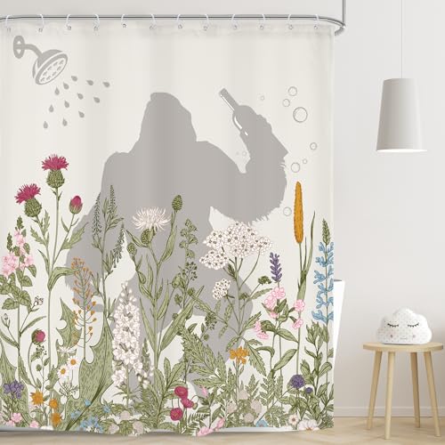 LGhtyro Funny Gorilla Shower Curtain Bathroom Set 60Wx71H Inches Wildflower Monkey Silhouette Floral Plant Leaves Rustic Botany Kids Children Bath Accessories Fun Art Home Decor Fabric 12 Pack Hooks