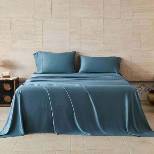 "GOKOTTA 4-Pcs Full Sheet Set, 100% FSC?? Certified Rayon Derived from Bamboo Sheets, 15"" Pocket Full Size Bed Sheets with Elastic Corner Straps, Cooling Sheets for Hot Sleepers, Soft & Breathable, Blue"