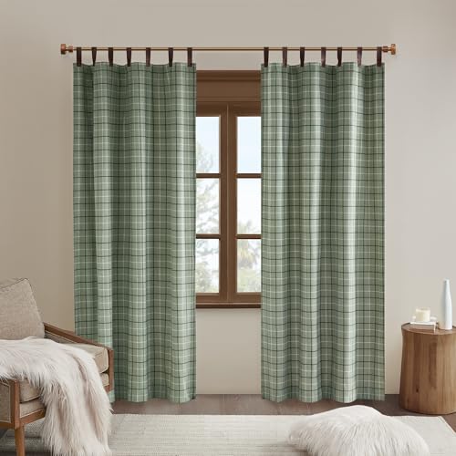 "Madison Park Anaheim Cabin Plaid Curtain Window, Thermal Insulated Fleece Lining, Living Room Decor Light Blocking Drape for Bedroom, 1-Single Panel Pack, 50"" x 84"" Faux Leather Tab, Green"