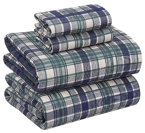 Ruvanti 100% Cotton Queen Size Sheets - Breathable & Durable Percale Sheet Set - 16 Inch Deep Pocket - Greenish Blue Plaid - 4 Pieces