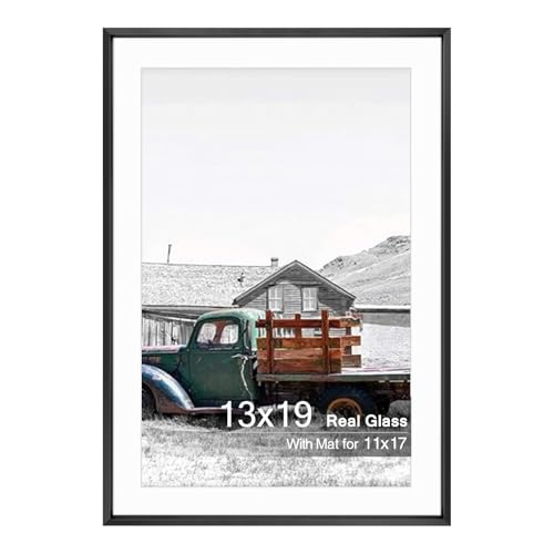 Golden State Art, 13x19 Black Picture Frame Displays Photo 11x17 with Mat or 13 x 19 Without Mat for Wall Mounting, Classic Satin Aluminum Frames with Real Glass (Pack of 1)