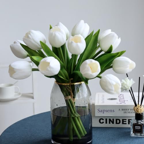 Buart White&Green Tulip Flowers Artificial Luxury Big Tulip Valentine's Day Mother's Day Easter Home Kitchen Wedding Decorations(11pcs)