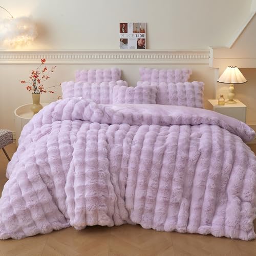 LIFEREVO 3 PCS Fluffy Faux Rabbit Fur Duvet Cover Set Queen Size, Lavender - 1 Plush Bubble Comforter Cover & 2 Furry Pillowcases, 8 Corner Ties and Hidden Zipper, Light Purple Soft Washable Bedding Set