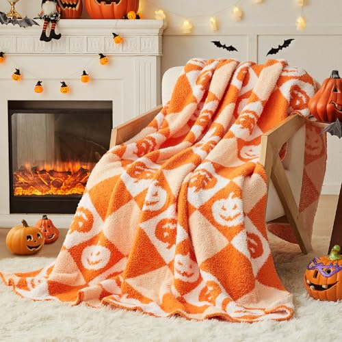 "CYMULA Halloween Knit Throw Blanket - Pumpkin Blanket for Couch, Soft Cozy Lightweight Fluffy Blanket for Fall Decor, 60""x80"""