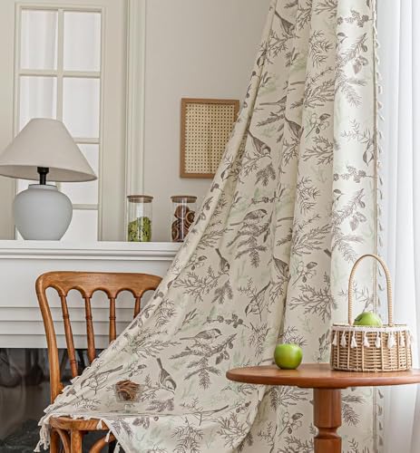 Erbnaryx Boho Floral Curtains French Country Farmhouse Curtains 102 Inches Long Light Filtering Window Rod Pocket Drapes for Living Room 2 Panels-Beige Birds