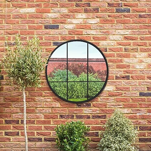 "MirrorOutlet The Circulus - Solid Black Metal Framed Window Modern Round Circular Garden Wall Mirror 31"" X 31"" (80CM X 80CM) Silver Mirror Glass with Black All weather Backing."
