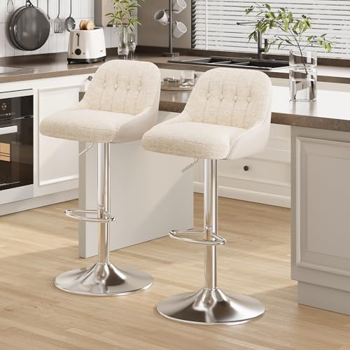 Adjustable Bar Stools Set of 2, Swivel Counter Stools with Backrest, Chenille & Faux Leather Upholstered Bar Chairs, Height Adjustable Kitchen Breakfast Bar Stools, Chrome Metal Base,Beige