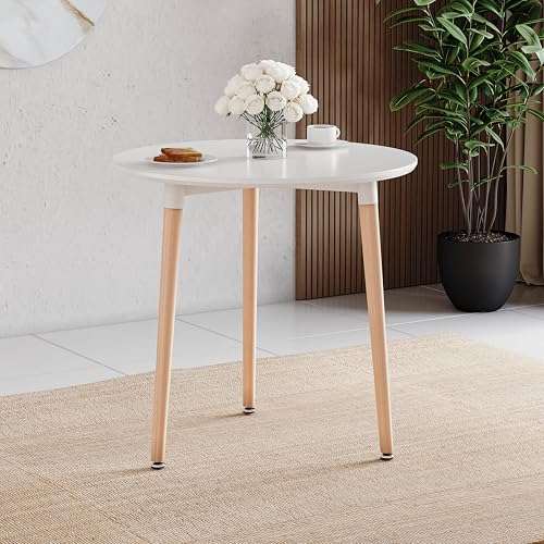 Vida Designs Batley Round Dining Table, Modern Round Kitchen Table with Natural Beech Wood Legs, Compact Dining table for Small Kitchen & Dining Room Furniture (White, 3 Seater)