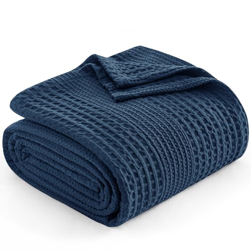 "PHF Lightweight Waffle Weave Blanket Queen Size, Breathable & Ultra Soft, 90""x 90"" Soft & Cozy Thin Blanket for Spring & Summer & Hot Sleepers, Bed, Home Decor - Navy Blue"