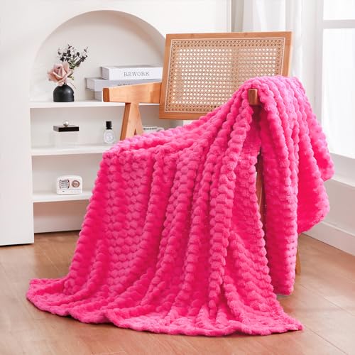 "Puncuntex - Flannel Throw Blanket Decorative 50""x60"" Hot Pink 50""x60"" Mom Gift Fuzzy 3D Jacquard Decorative Super Soft Flannel Cozy Blanket for"
