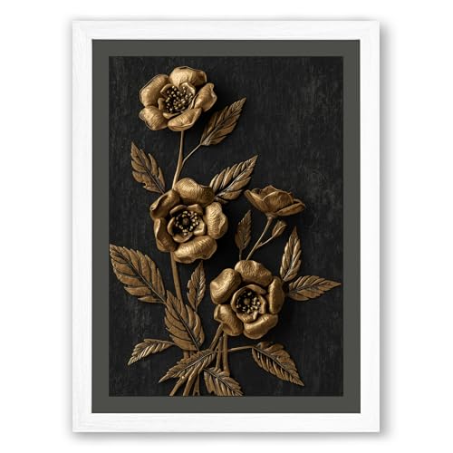 Gilded Roses Botanical Framed Wall Art Print A2 (59.4×42cm) White, Wall Decor for Living Room, Bedroom, Office & Home, Ready to Hang, Art Gift