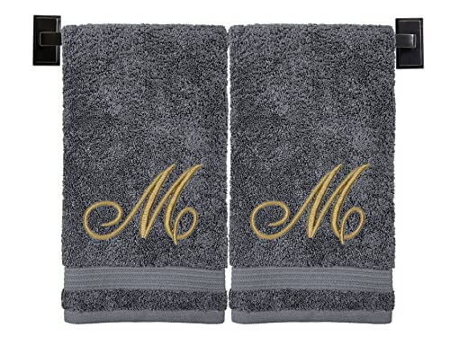 Custom Luxury Towels Turkish Hand Towels, Set of 2, Grey - Gold Thread, 100% Cotton, Embroidered Monogram