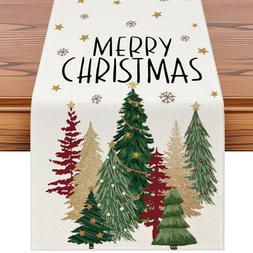Artscope Christmas Tree Table Runner, Xmas Winter Snowflakes Holiday Kitchen Dining Table Decoration for Christmas Home Decor 13x108 Inch-Beige