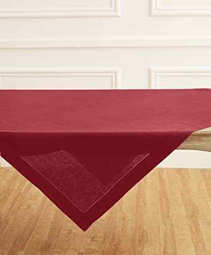 Solino Home 100% Pure Linen Table Cloth, Throw Red Hemstitch, 52 x 52 in - for dining, decor, indoor outdoor, gifting, Classic Hemstitch, OEKO-TEX Certified - Fall, Halloween, Thanksgiving, Christmas
