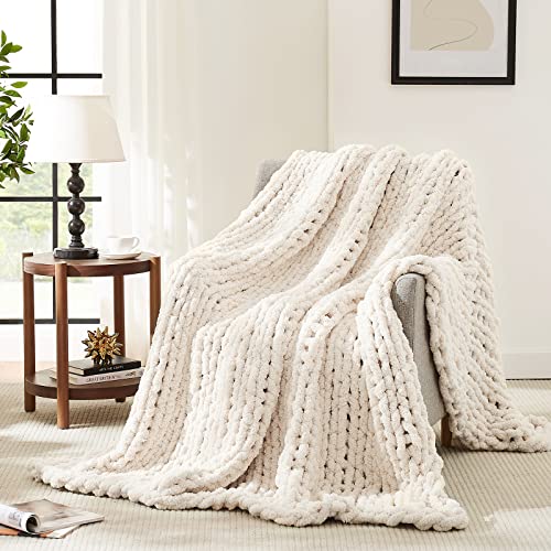 L'AGRATY Chunky Knit Throw Blanket for Couch, 72'' x 84'' Knit Throw, Ivory - Handmade Chenille Crochet Blanket for Sofa Bed, Thick Cable Knitted Blankets for Room Home Decor, Birthday Gift for Women Mom
