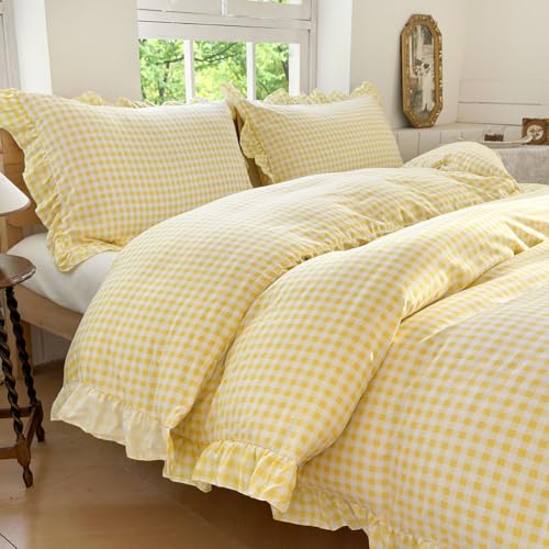 NSNLGSGC Yellow Gingham Ruffle Twin Duvet Cover - Soft Breathable Pre-Washed Microfiber Checked Plaid Bedding Set