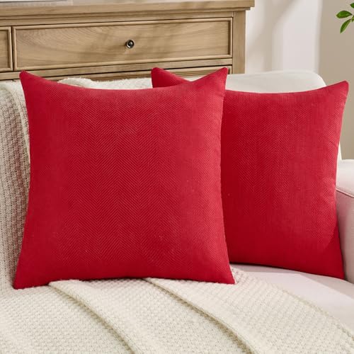 FUTEI Red Chenille Throw Pillow Covers 22x22 Inch Set of 2,Soft Wide Chevron Textured Cushion Case,Farmhouse Home Decor for Couch Living Room