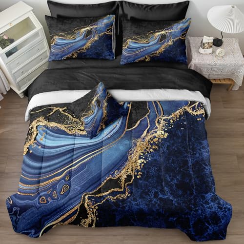 Black Gold Bedding Blue Marble Comforter Set 6 Pieces Twin Bed in a Bag with 1 Black and Blue Comforter, 1Flat Sheet, 1 Fitted Sheet, 2 Pillowcases, 1 Marble Cushion Cover