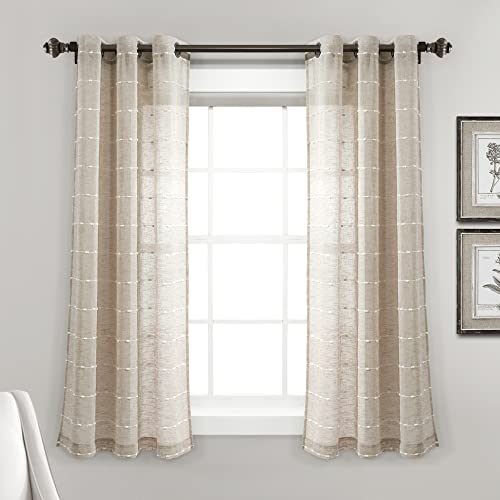 "Lush Decor Farmhouse Textured Grommet Sheer Window Curtain Panel Pair, 38"" W x 63"" L, Neutral"